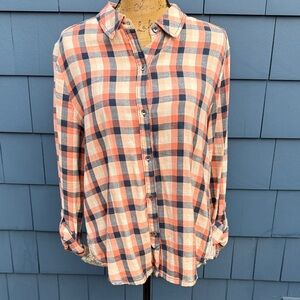 Anthropologie Button-Up Shirt - Orange and Blue Holding Horses 14 peach peplum